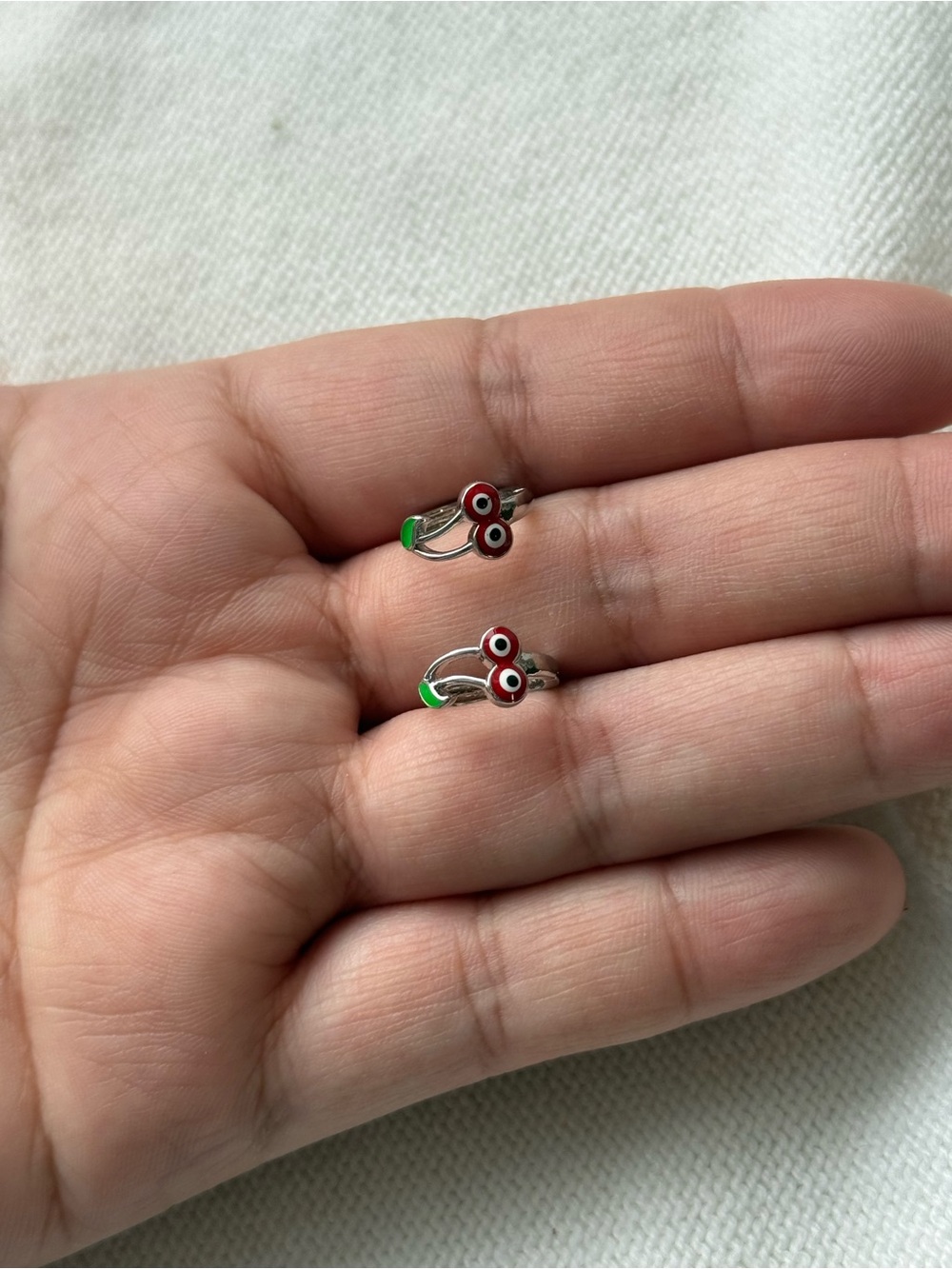 Silver Plated Cherry Hoop Earrings for Kids - Red & Green - Picture 5 of 5